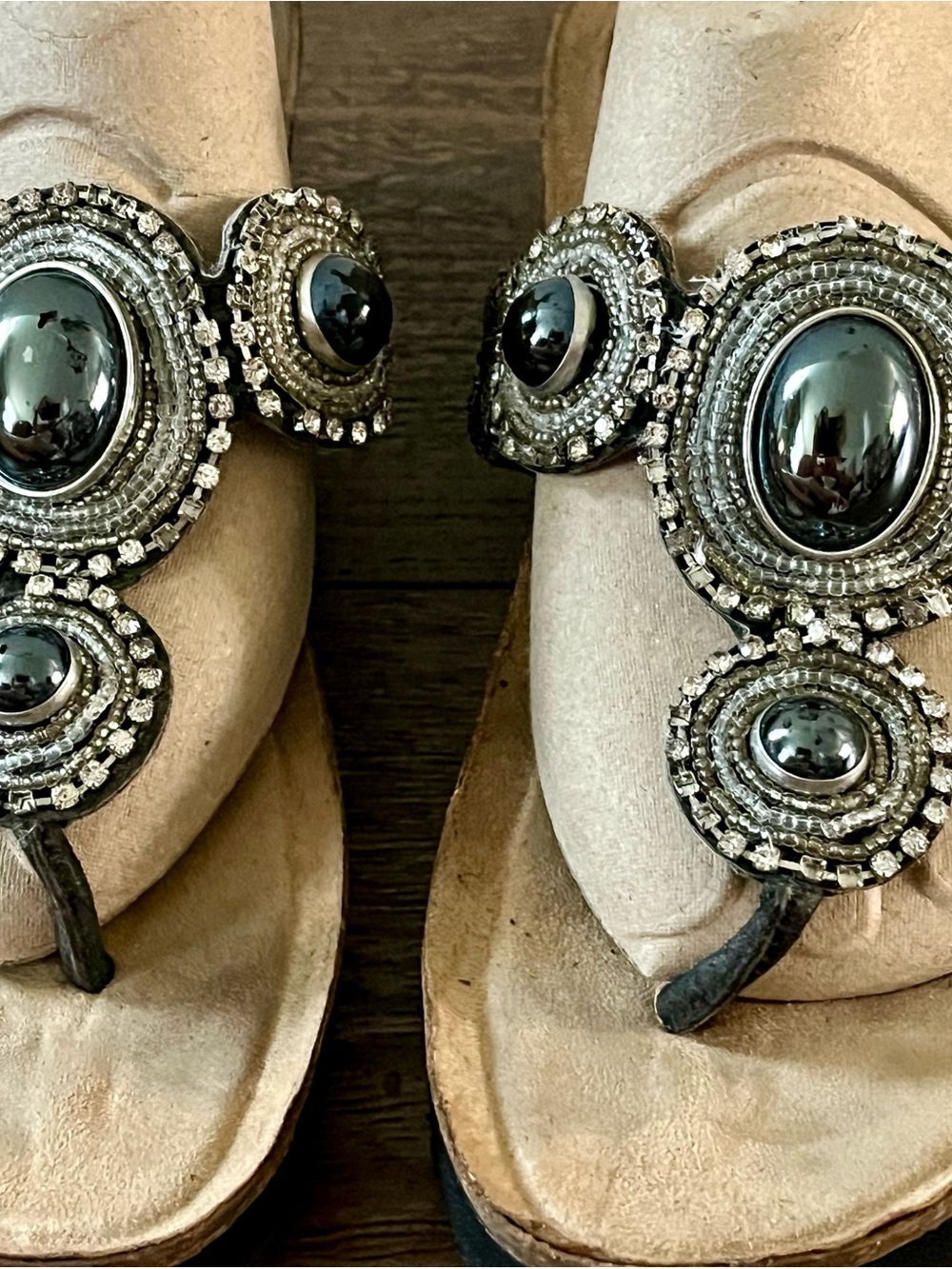 Embellished Black Bead Thong Sandals - Women - Picture 2 of 13